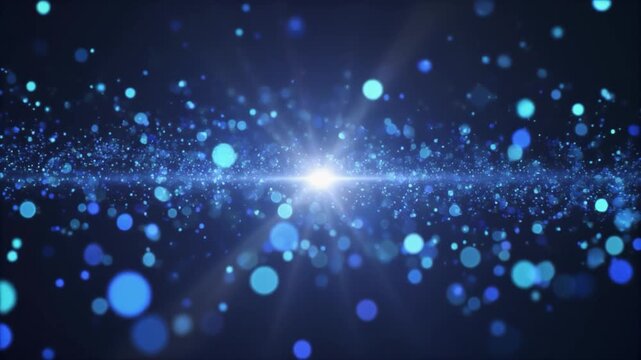 Abstract Blue Particle Explosion Background with Central Light Burst Digital Technology Concept