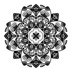 Hand-drawn Mandala design, mandala art, nature mandala with floral and abstract lines. Black and white background with mandala design to textiles, henna painting and background for your art. No ai.