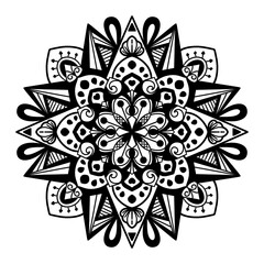 Hand-drawn Mandala design, mandala art, nature mandala with floral and abstract lines. Black and white background with mandala design to textiles, henna painting and background for your art. No ai.