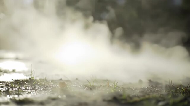 Ethereal mist rises from damp ground, illuminated by a soft, warm light, creating a mysterious and captivating natural scene at ground level