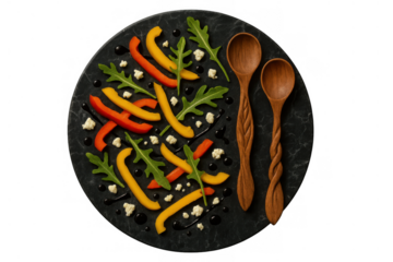 Bell pepper, arugula, and feta salad with balsamic glaze on a slate plate, served with wooden spoons, transparent background