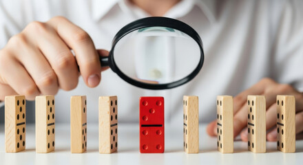 Fototapeta premium Selective Focus: Red Domino Among Beige Dominoes Viewed with Magnifying Glass, Symbol of Distinctiveness and Unique Perspective