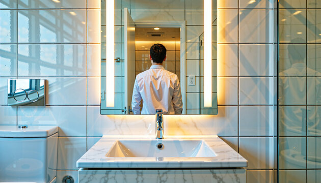 Man standing in bathroom looking at mirror concept of World Toilet Day  