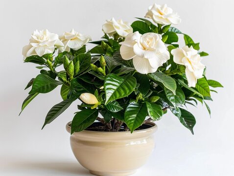 White gardenia flowers bloom in elegant pot on light background showcasing natural beauty and tranquility