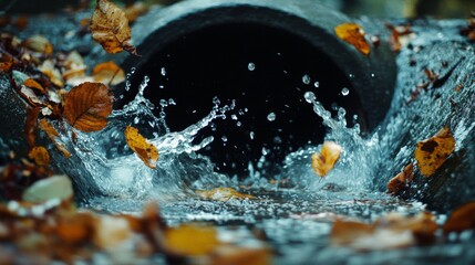 Water splashes from a drain surrounded by autumn leaves. The scene captures the essence of seasonal change and nature's beauty.