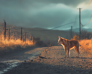 A brown dog stands on a gravel road surrounded by tall grass and distant hills under a cloudy sky. The scene captures a tranquil rural landscape.