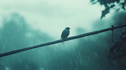 A small bird perched on a wire during a rainstorm. The background is blurred with raindrops falling, creating a moody atmosphere.