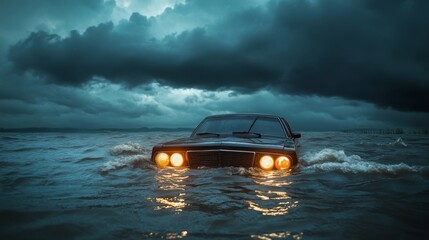 A black car partially submerged in water under a stormy sky. The headlights are illuminated, creating a dramatic scene of flooding and impending danger.