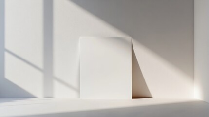 A blank white canvas stands against a minimalist wall, illuminated by soft natural light creating gentle shadows.