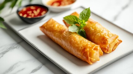 Two crispy spring rolls served on a white plate with a sprig of mint. Accompanied by dipping sauces in small bowls.