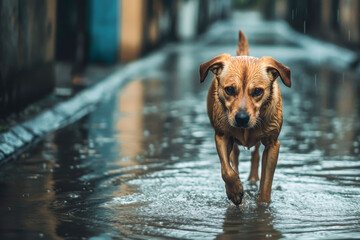 A small brown dog walks through a puddle on a wet street. The scene captures the dog's playful nature amidst a rainy environment.