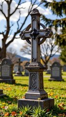 Fototapeta premium Vertical Christian Wall Art Beautiful Gravestone in Cemetery Nature Setting Serenity and Reflection