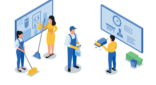 Isometric office cleaning team with digital whiteboards in modern workspace