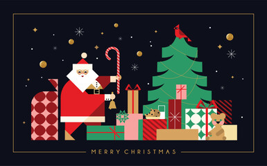 Christmas illustration in geometric minimalist style with Christmas tree multiple gift boxes and Santa.