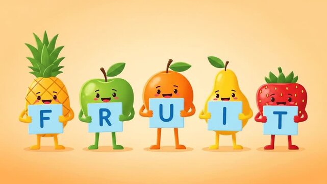 Cartoon fruits holding letters spelling fruit on a warm background