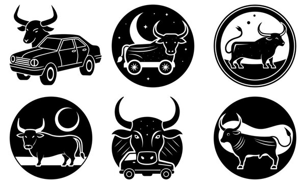 Dynamic set of Taurus zodiac icons, creative animal symbol, perfect for astrology themes, bold graphic style, unique design elements, memorable visual identity