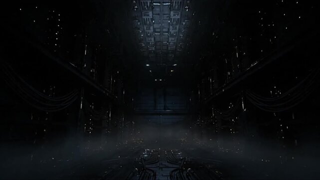 Dark Futuristic Corridor with Mechanical Details and Ambient Fog