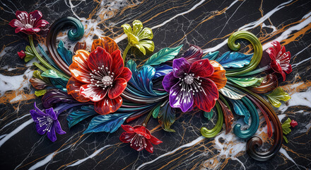 Naklejka premium Bold 3D Floral Relief with Dramatic Marble Background. 3D Wall Mural. floral landscapes. 3d floral art, floral wallpaper, Luxurious textile tile wall art