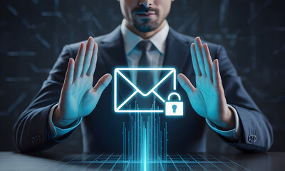 Cybersecurity professional safeguarding digital mail with advanced encryption tech