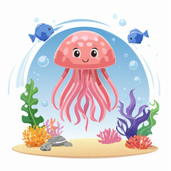 Fototapeta premium Cute Cartoon Jellyfish in Colorful Underwater Scene with Fish, Turtle, and Coral