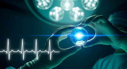 Doctor examines glowing orb with heartbeat graphic in modern operating room