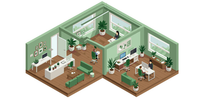 Modern isometric office space with green walls and open workstations
