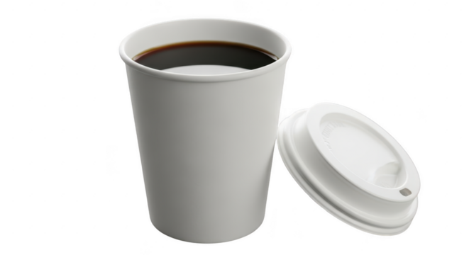 Disposable coffee cup filled with dark beverage and lid nearby isolated on black illustration