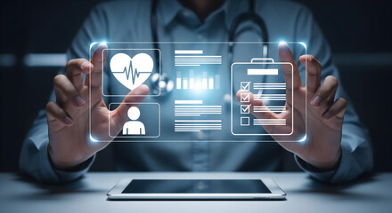 Doctor analyzes digital health data on futuristic interface for patient care innovation
