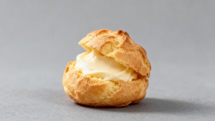 Single choux pastry puff filled with pale yellow cream rests on a muted gray surface