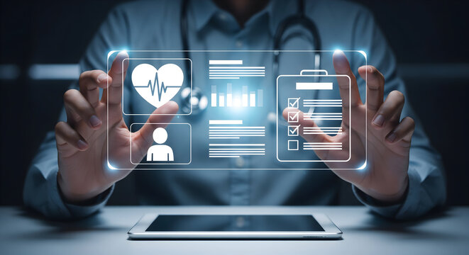 Doctor analyzes digital health data on futuristic interface for patient care innovation - Powered by Adobe