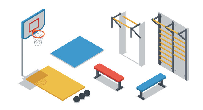 Isometric gym equipment set with basketball hoop and workout tools