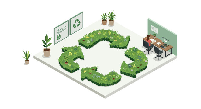 Ecofriendly office design with recycle symbol and sustainable practices in isometric style