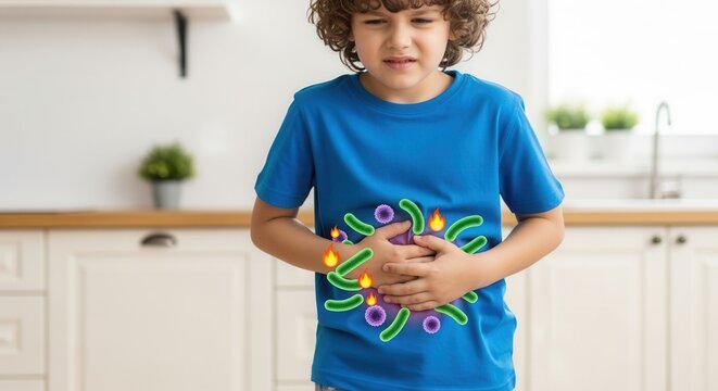 A young boy with a stomach ache holding his belly in pain. Gut health concept with illustrated bacteria and inflammation representing digestive problems