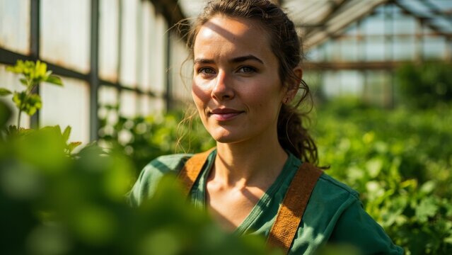 beautiful woman farmer gardening in glasshouse
