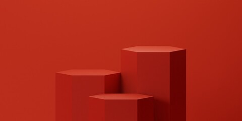 Red Pedestal Stage: A striking array of three scarlet pedestals stand in a minimalist arrangement, inviting attention with their stark geometric forms. Showcasing depth and allure.