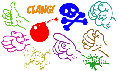 Cartoon explosion with hands and skull in colorful comic book style illustration on transparent background