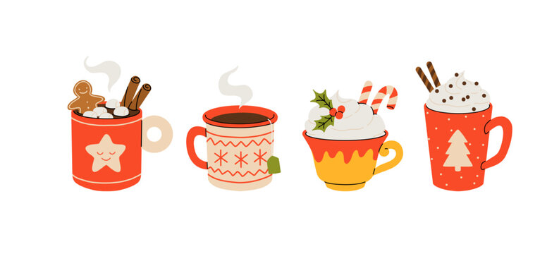 Cute Christmas hot drinks collection, winter coffee, cocoa, and tea in festive mugs with whipped cream, marshmallows, and holiday decorations. Vector flat cartoon illustration.