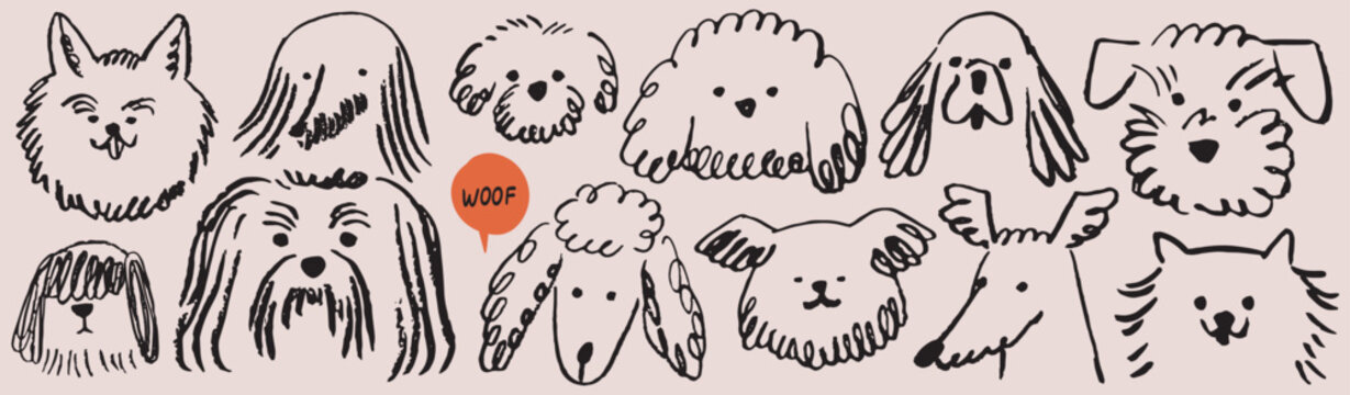 Scribble chalk or charcoal style dogs drawing. Hand drawn puppy sketches, wax crayon outline funny whimsical grunge charcoal art for tshirt print, placard, poster or isolated doodle stickers.