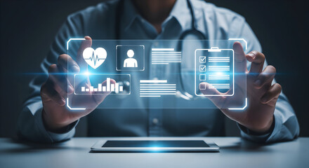 Doctor interacting with futuristic medical data interface displaying health stats