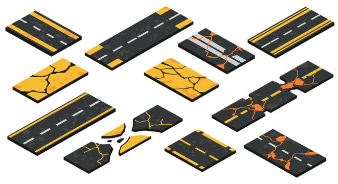 Collection of isometric cracked road segments for construction and repair projects