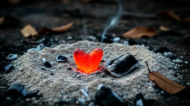 A glowing red heart-shaped object sits in a sandy circle surrounded by black stones and leaves