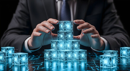 Businessman carefully builds glowing digital network with futuristic cubes