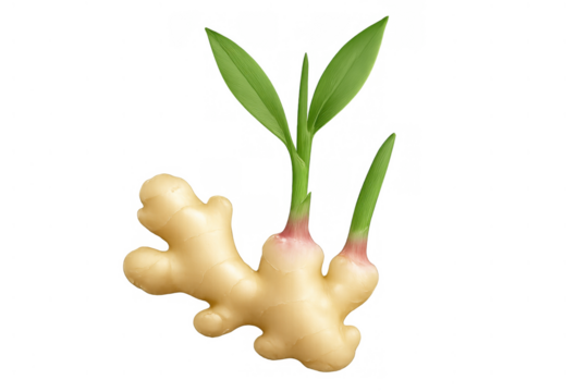 Ginger root developing new green sprouts, symbolizing freshness, growth, vitality, a healthy spice ingredient on transparent background