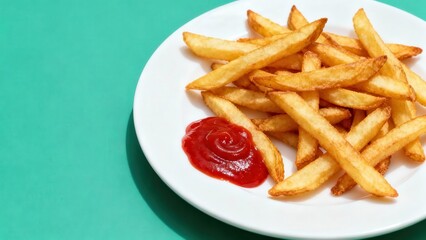 Crispy fried potato strips with savory red dipping sauce served on a white plate against a vivid background