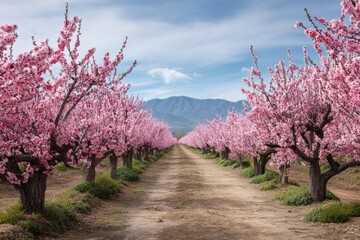 rows of blooming sakura trees in farm garden with copy space