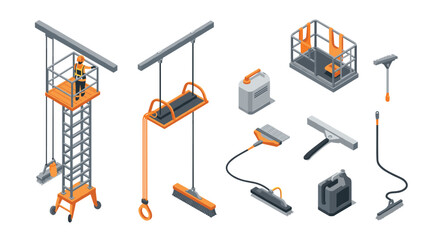 Obraz premium Comprehensive set of isometric window cleaning equipment for professional maintenance services