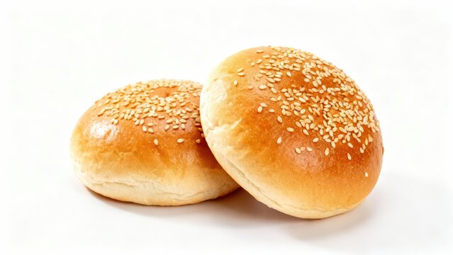 Two golden brown round bread rolls topped with sesame seeds are displayed against a bright white background. - Powered by Adobe