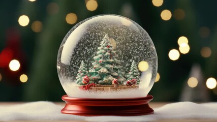 Create a festive winter wonderland with a snow globe featuring a charming Christmas scene and sparkling lights in the background - Powered by Adobe