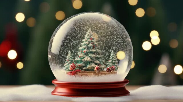 Create a festive winter wonderland with a snow globe featuring a charming Christmas scene and sparkling lights in the background