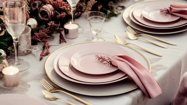 Elegant table setting for a special occasion with pink dinnerware and floral decorations